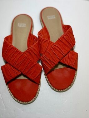 EILEEN FISHER Melon LEATHER Cross SANDALS Size 9 NUBUCK Slip On